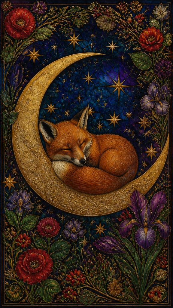 a sleeping baby fox curled on a crescent moon among soft stars, gentle and warm, no text