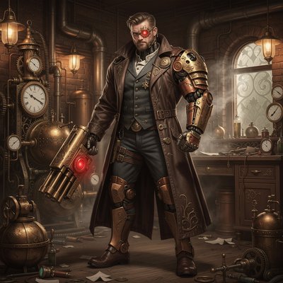 "A dramatic, full-body portrait of Arnold Schwarzenegger as a Steampunk Terminator, standing powerfully in a richly detailed Victorian-era workshop. Arnold's iconic Terminator face is visible, with a glowing red eye, partially obscured by an intricate, metallic eyepatch and visible cybernetic components around his neck and face. He wears a heavy, dark brown leather duster coat over a tailored waistcoat and trousers, all adorned with brass buckles, gears, and leather straps. His left arm is a formidable steampunk prosthetic, crafted from polished brass, copper, and exposed gears, ending in a massive, Gatling-gun-like weapon integrated into the forearm. His right hand wears a finely detailed leather glove with metallic accents. The background of the workshop is filled with vintage machinery, pressure gauges, steam pipes, exposed brick walls, and the soft glow of gas lamps. Smoke or steam gently drifts through the air, adding to the atmospheric industrial setting. The overall aesthetic is gritty, sophisticated, and perfectly blends the sci-fi elements of the Terminator with the intricate mechanical beauty of steampunk