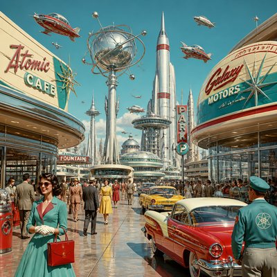 urban street with city activity — Atompunk Aesthetic