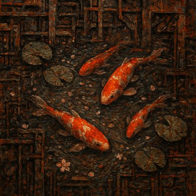 A koi pond seen from above, orange and white koi fish swimming among lily pads, clear water with subtle ripples, fallen cherry blossom petals floating on the surface, dappled sunlight