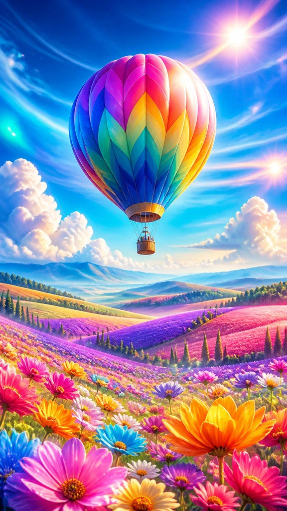 a hot air balloon drifting over rolling flower fields on a sunny day, cheerful, no text