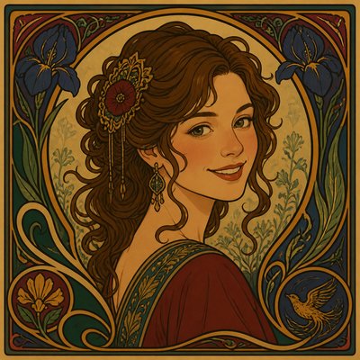 head-and-shoulders portrait of an original character: a young woman with wavy chestnut hair and a warm smile, plain soft backdrop
