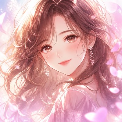 head-and-shoulders portrait of an original character: a young woman with wavy chestnut hair and a warm smile, plain soft backdrop