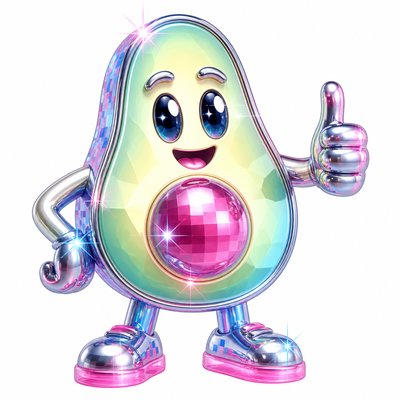 a happy avocado character giving a thumbs up, bold readable design on a plain background, no text