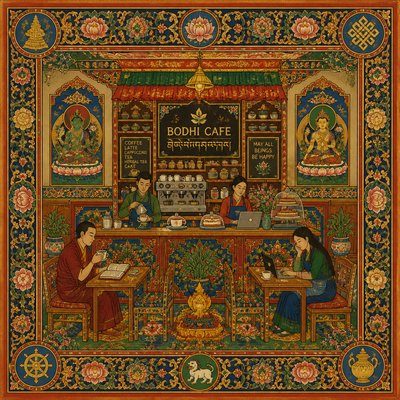 cozy cafe interior with warm lighting