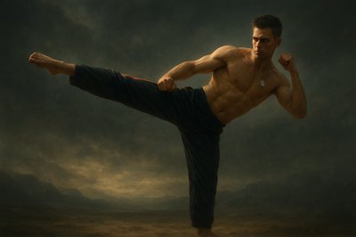 a man doing a kickbox kick in the air