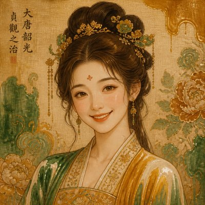 head-and-shoulders portrait of an original character: a young woman with wavy chestnut hair and a warm smile, plain soft backdrop