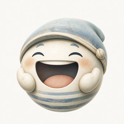 an exaggerated laughing face of an original round mascot character, bold and readable at small size, plain background, no text