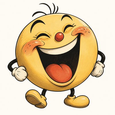 an exaggerated laughing face of an original round mascot character, bold and readable at small size, plain background, no text