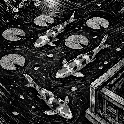 A koi pond seen from above, orange and white koi fish swimming among lily pads, clear water with subtle ripples, fallen cherry blossom petals floating on the surface, dappled sunlight