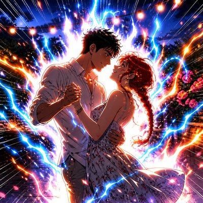 an original couple dancing under string lights in a garden at dusk: a man with short black hair in a linen shirt and a woman with braided red hair in a summer dress