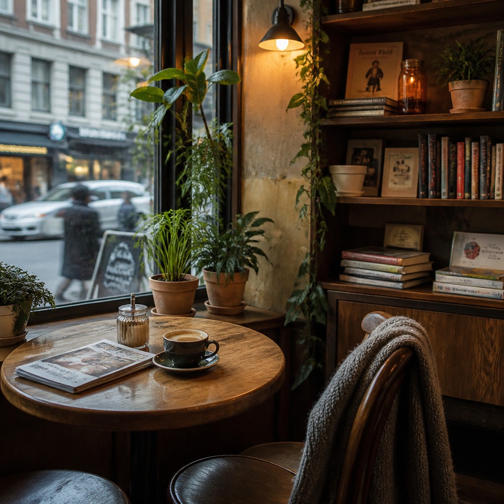 cozy cafe interior with warm lighting