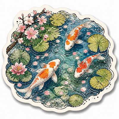 A koi pond seen from above, orange and white koi fish swimming among lily pads, clear water with subtle ripples, fallen cherry blossom petals floating on the surface, dappled sunlight