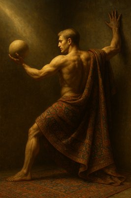 a painting of a man holding a ball