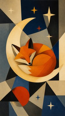 a sleeping baby fox curled on a crescent moon among soft stars, gentle and warm, no text