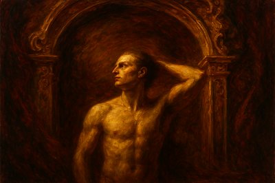 a painting of a man standing in front of a doorway