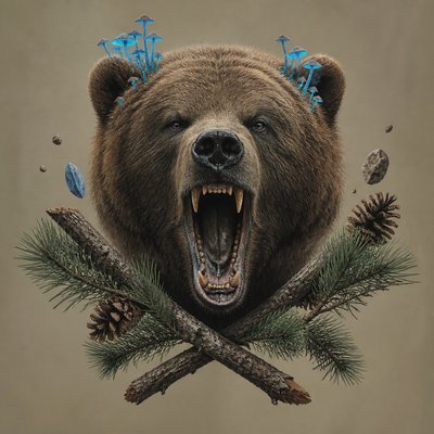 a roaring bear head above crossed pine branches, bold graphic composition on a plain background, no text