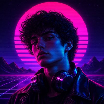 head-and-shoulders portrait of an original character: a young man with curly dark hair and headphones around his neck, plain backdrop, no text