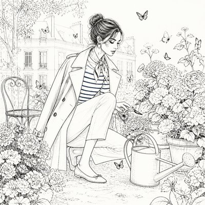 a garden scene with butterflies, flowers and a watering can, clean uncolored line art, no text