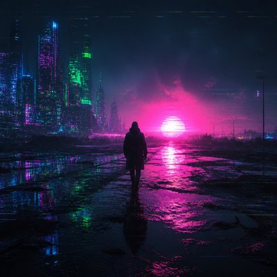 a solitary figure walking toward a glowing horizon across an empty plain, moody atmosphere, no text or lettering