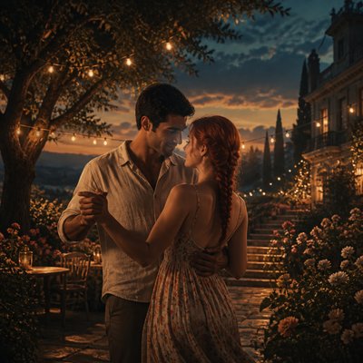 an original couple dancing under string lights in a garden at dusk: a man with short black hair in a linen shirt and a woman with braided red hair in a summer dress