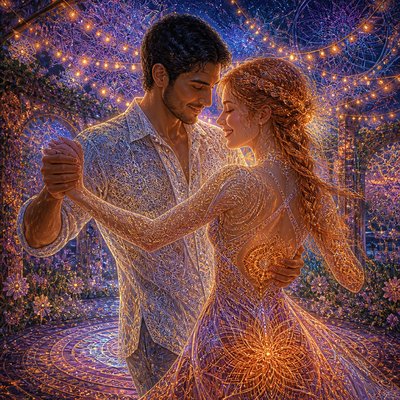 an original couple dancing under string lights in a garden at dusk: a man with short black hair in a linen shirt and a woman with braided red hair in a summer dress
