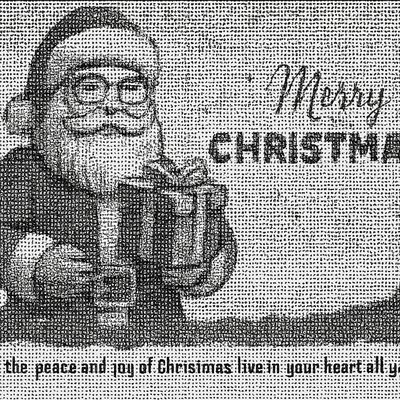 a black and white photo of a santa holding a mug