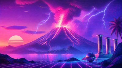 an erupting volcano with lightning strikes, dramatic wide composition, no text