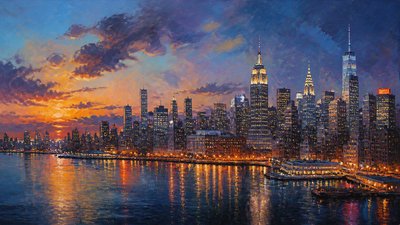 a city skyline panorama at dusk with glowing windows, no people