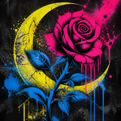 a rose entwined with a crescent moon, clean balanced composition on a plain background, no text