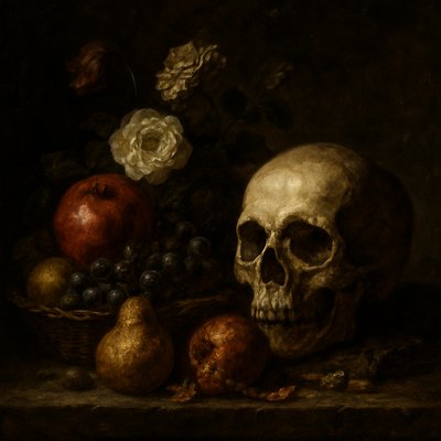 still life arrangement of fruits and flowers