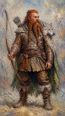 full-body original character: a dwarven ranger with a braided auburn beard, worn leather armor, a longbow and a wolf-pelt cloak, neutral background, no text