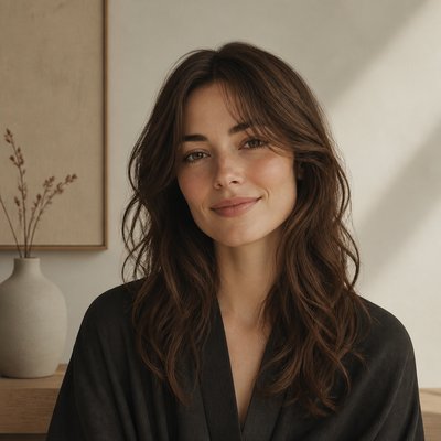 head-and-shoulders portrait of an original character: a young woman with wavy chestnut hair and a warm smile, plain soft backdrop