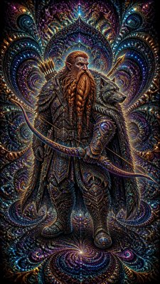 full-body original character: a dwarven ranger with a braided auburn beard, worn leather armor, a longbow and a wolf-pelt cloak, neutral background, no text