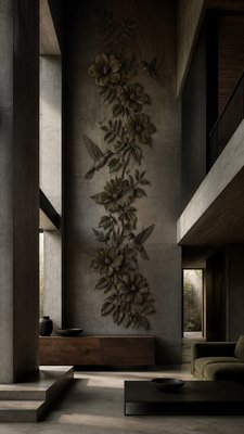 a climbing vine of flowers and hummingbirds on a dark background, tall wrapping composition, no text