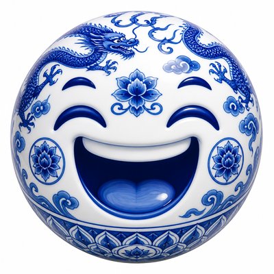 an exaggerated laughing face of an original round mascot character, bold and readable at small size, plain background, no text