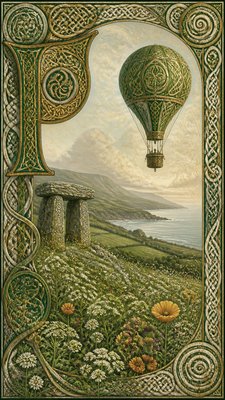 a hot air balloon drifting over rolling flower fields on a sunny day, cheerful, no text