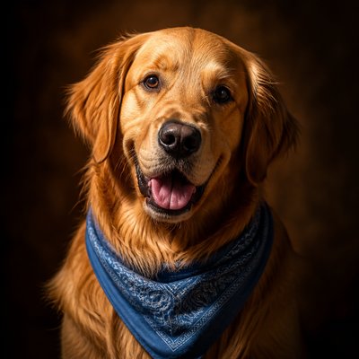 portrait of a golden retriever wearing a blue bandana, warm plain backdrop, no text