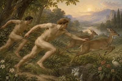 sons of Adam chasing deer in Paradise based on artwork by William Blake

