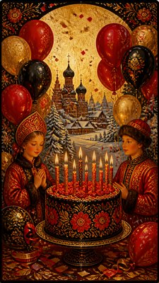 a birthday cake with lit candles surrounded by balloons and confetti, festive vertical composition, no text