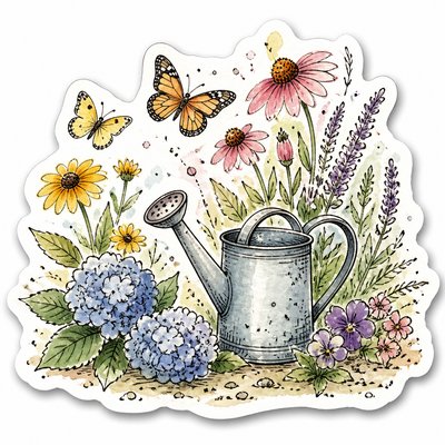 a garden scene with butterflies, flowers and a watering can, clean uncolored line art, no text