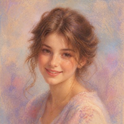 head-and-shoulders portrait of an original character: a young woman with wavy chestnut hair and a warm smile, plain soft backdrop