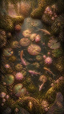 a koi pond with lily pads seen from above, no people