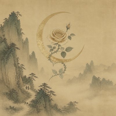a rose entwined with a crescent moon, clean balanced composition on a plain background, no text