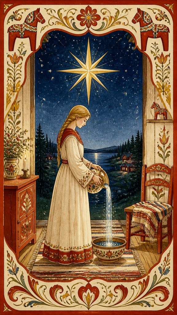 a robed figure pouring water beneath a large eight-pointed star in a night sky, symmetrical composition with an ornate decorative border, no text