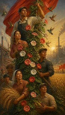a climbing vine of flowers and hummingbirds on a dark background, tall wrapping composition, no text