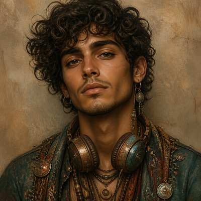 head-and-shoulders portrait of an original character: a young man with curly dark hair and headphones around his neck, plain backdrop, no text