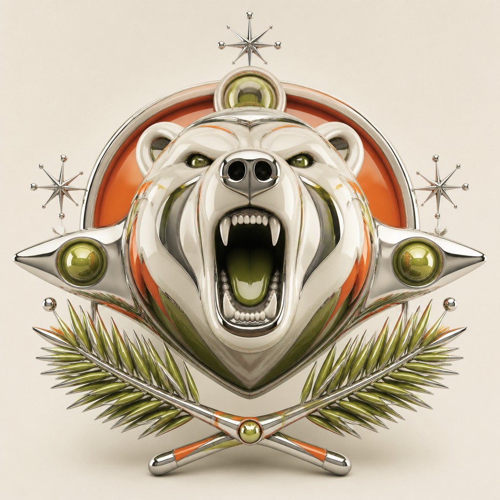 a roaring bear head above crossed pine branches, bold graphic composition on a plain background, no text