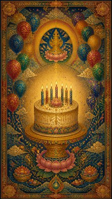 a birthday cake with lit candles surrounded by balloons and confetti, festive vertical composition, no text