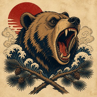a roaring bear head above crossed pine branches, bold graphic composition on a plain background, no text